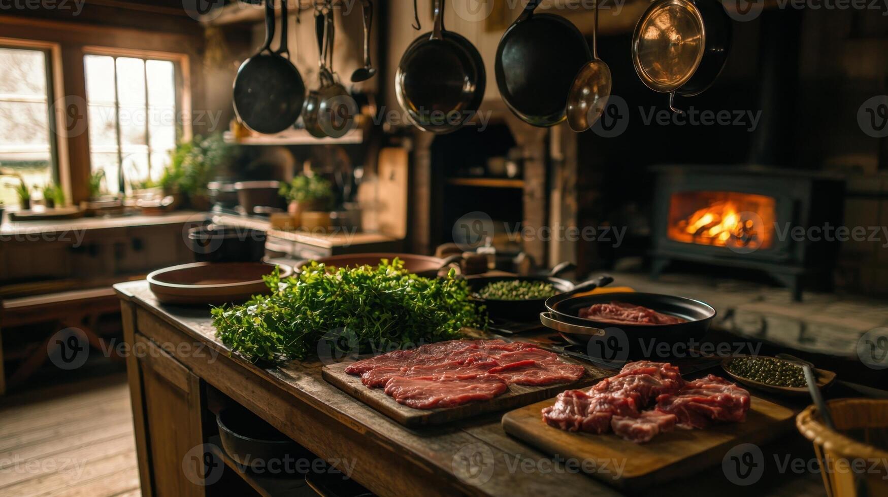 A kitchen with meat, vegetables and pots on a table photo