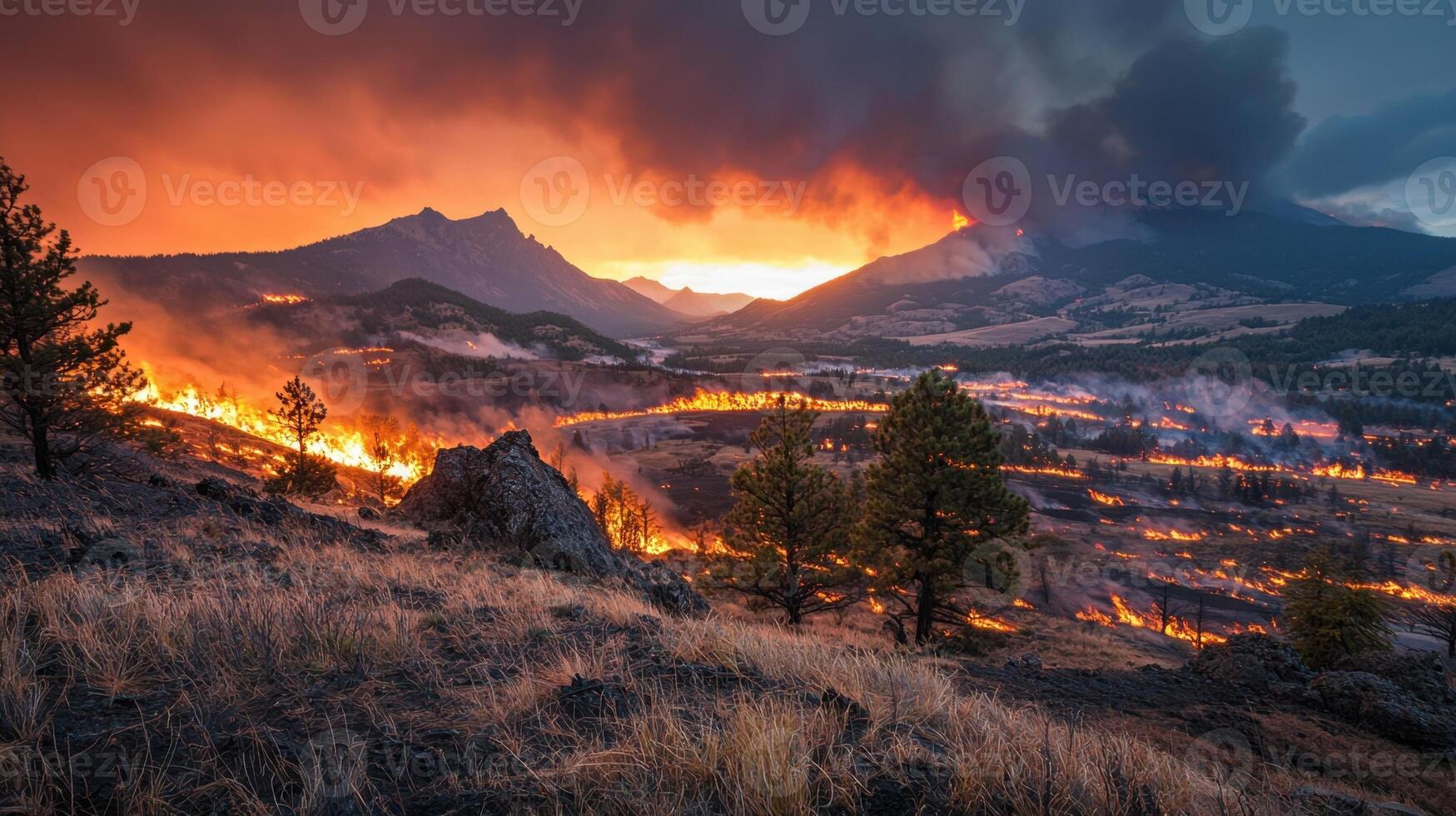 A wildfire burns in the mountains at sunset photo
