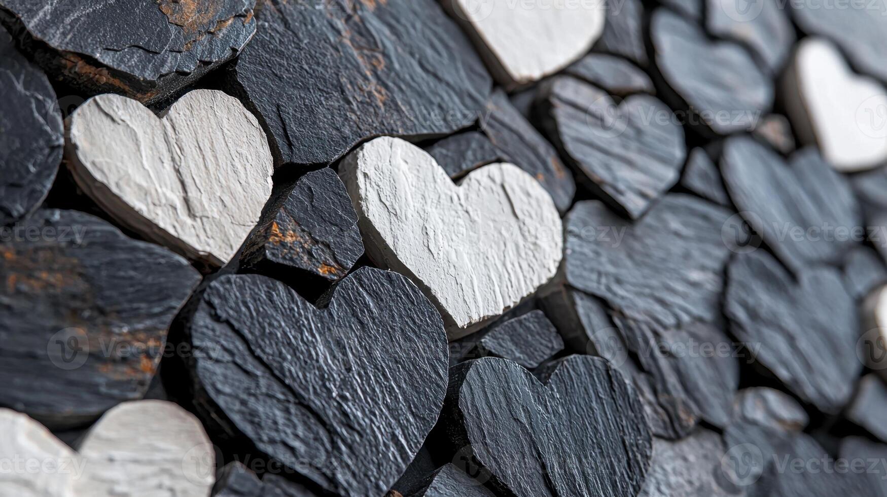 A wall with many hearts made from black and white slate photo