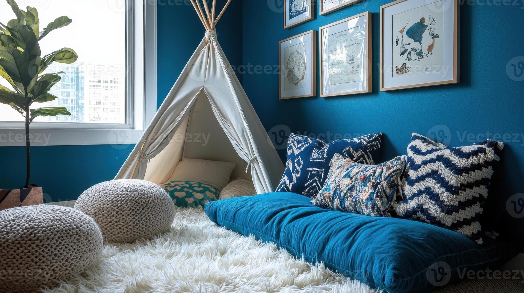 A blue room with a teepee and a rug photo