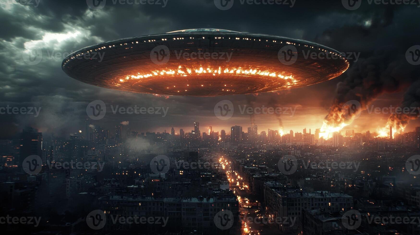 An alien spaceship flying over a city photo
