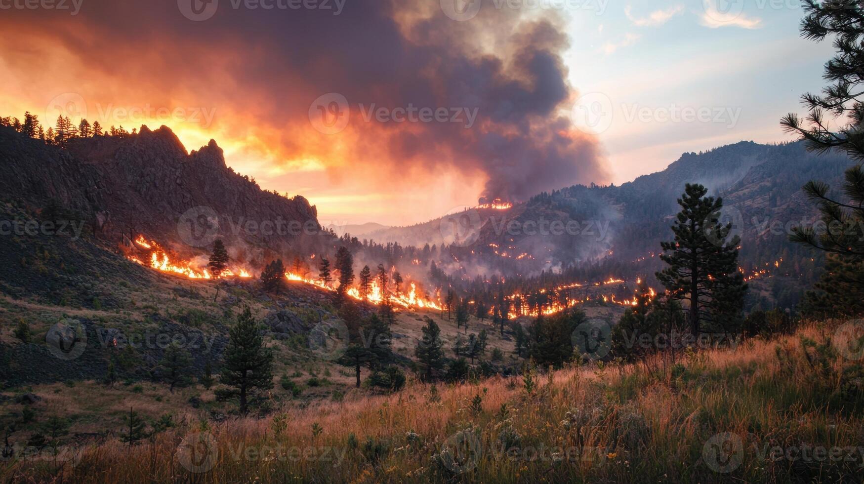 A wildfire burns in the mountains at sunset photo