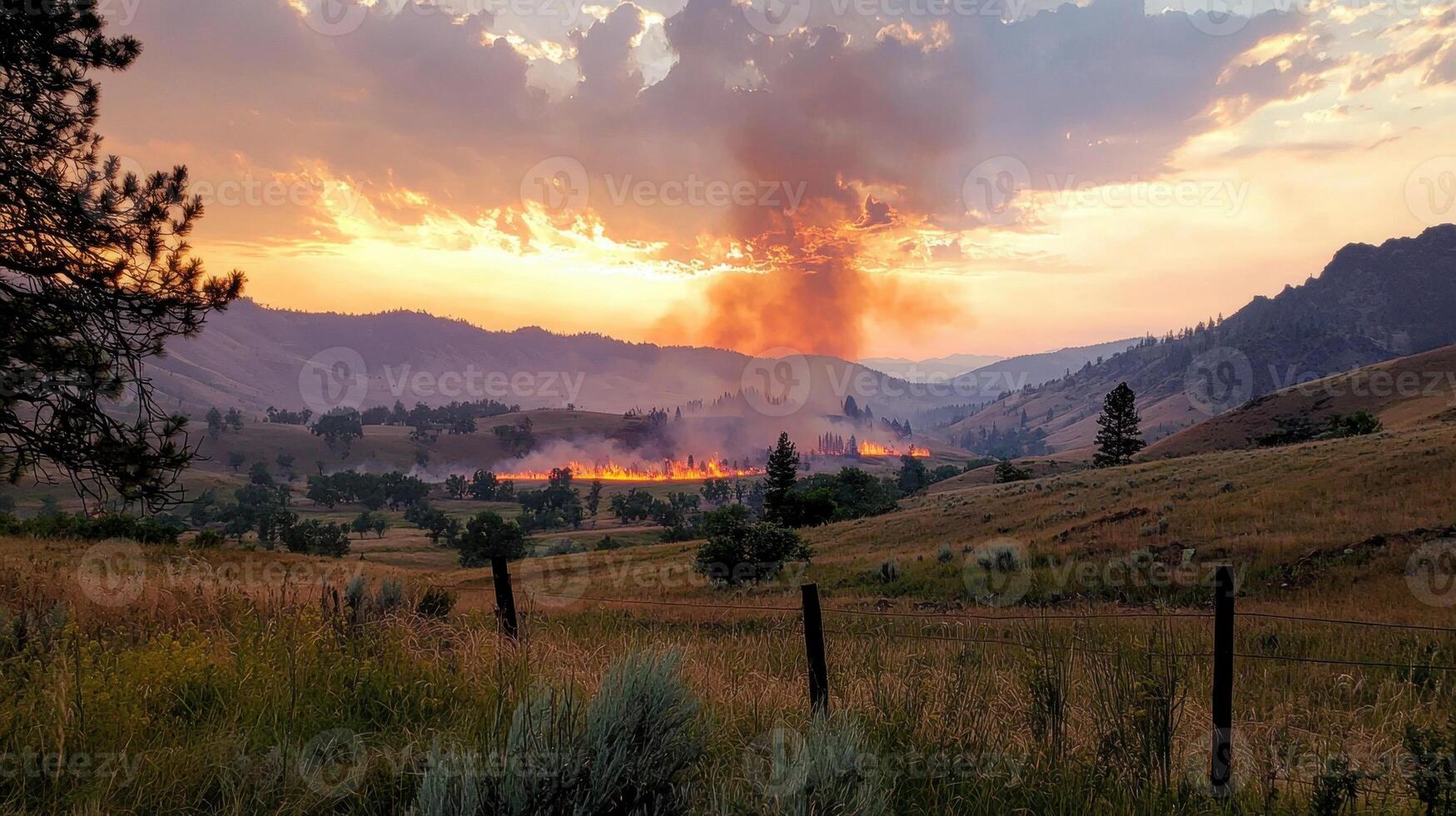 A fire burns in the mountains at sunset photo
