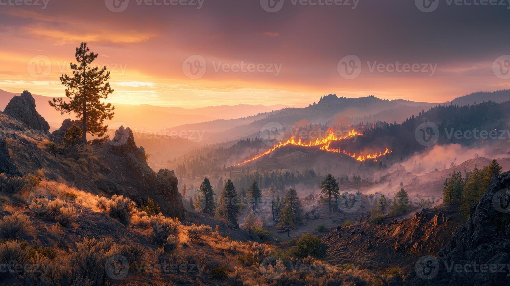 A view of a fire burning in the mountains photo