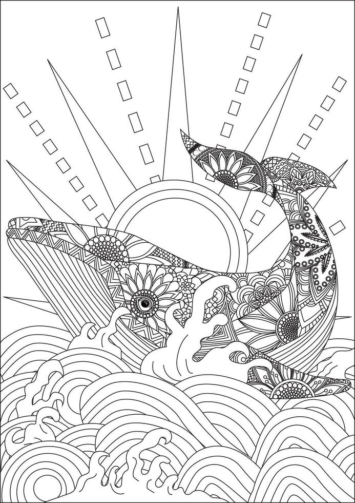 Whale In Waves Adult Coloring Page Outline Art vector