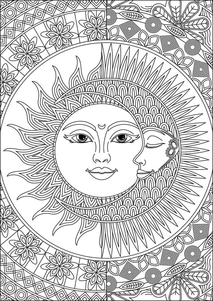Sun And Moon Coloring Page For Adult vector