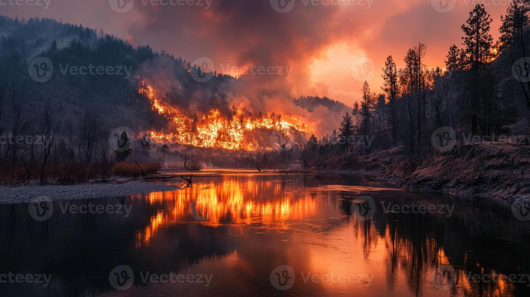 A fire is burning in the distance and the water is calm photo