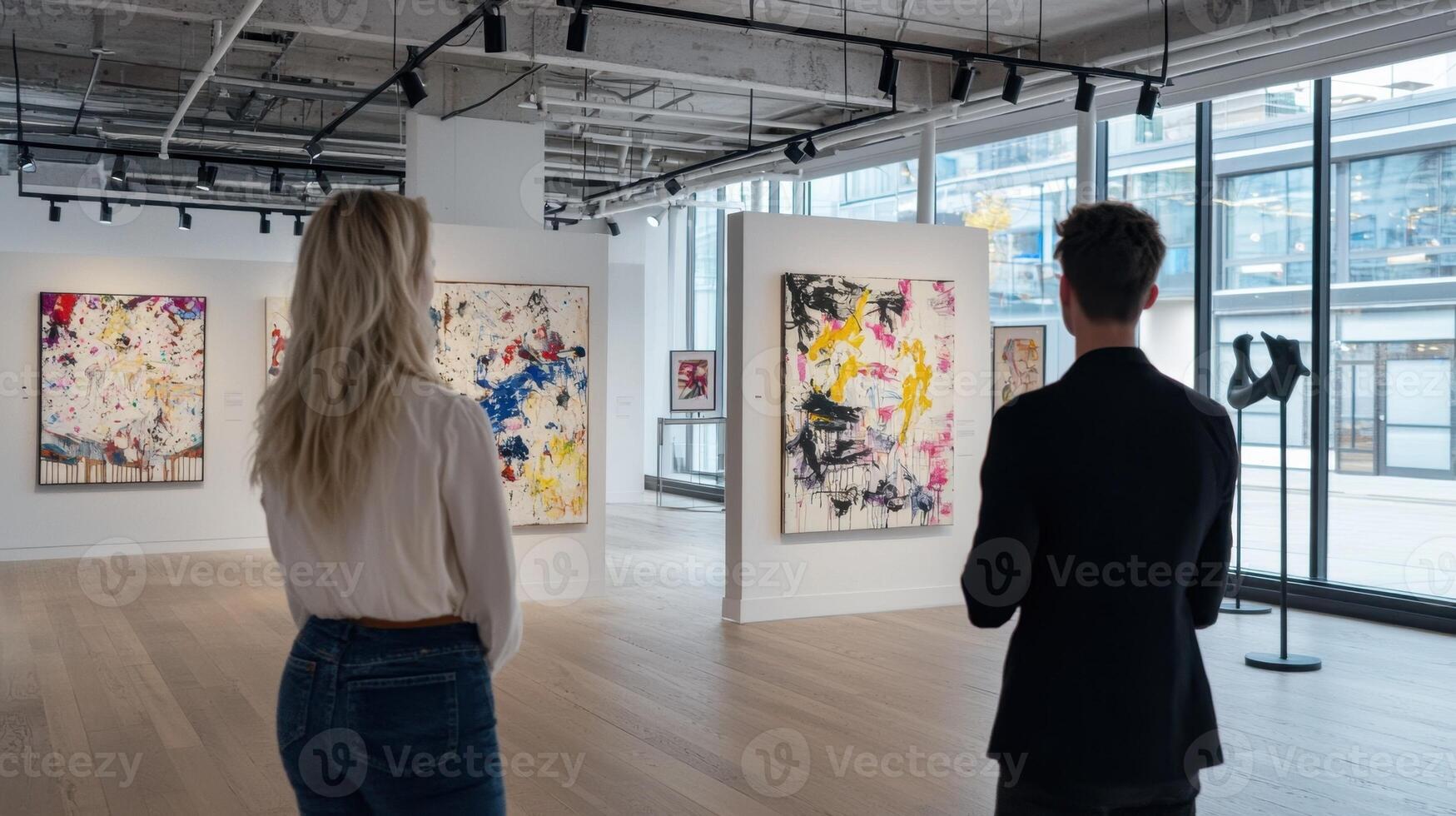 A man and a woman are standing in front of a room full of paintings photo