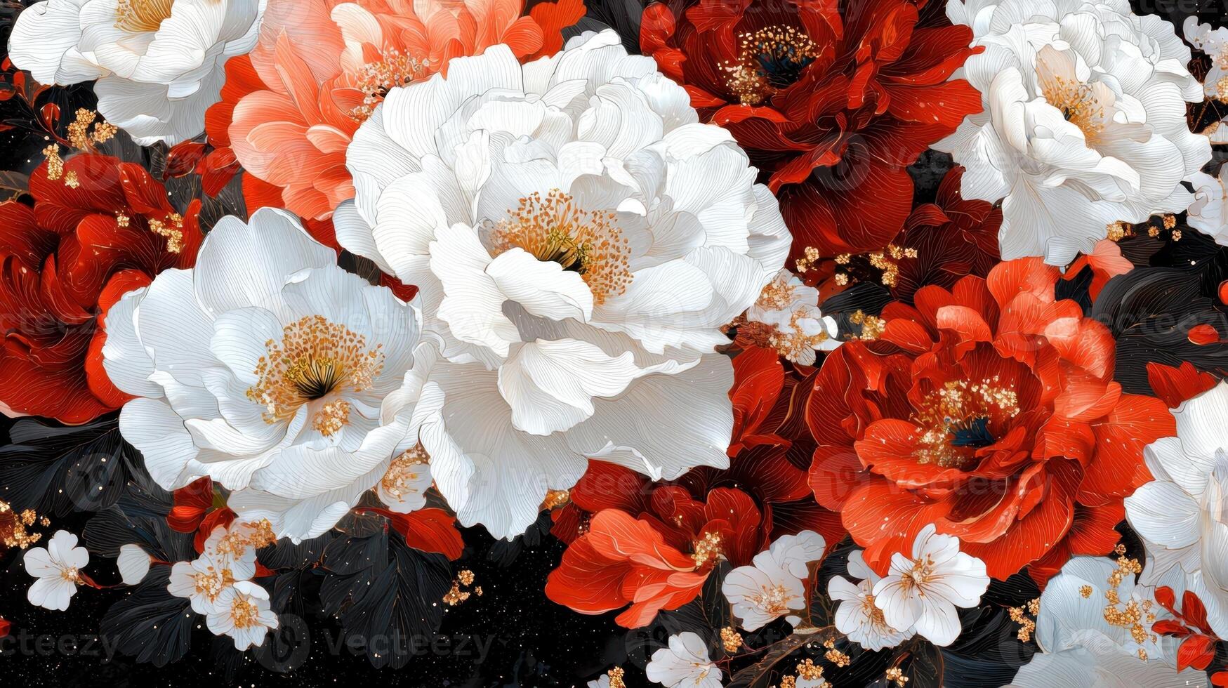 A painting of a bouquet of flowers with white and red flowers photo