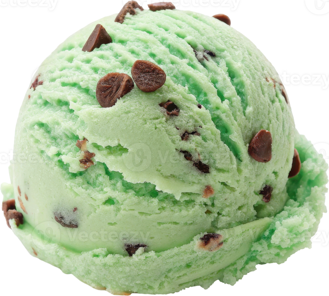 Mint Chocolate Chip Ice Cream Scoop with Creamy Texture and Delicious Flavors png