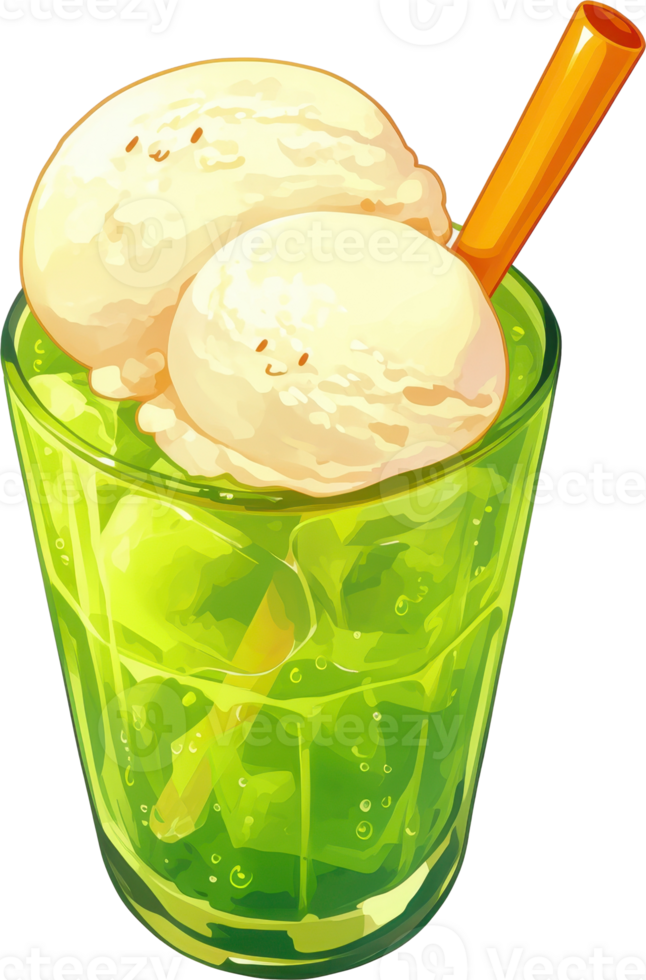 Vibrant Green Chilled Soda with Creamy Yellow Ice Cream in a Glass png