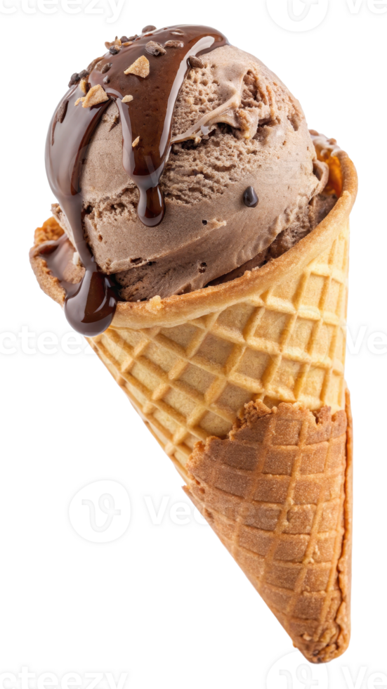 Single scoop of chocolate ice cream on a waffle cone png