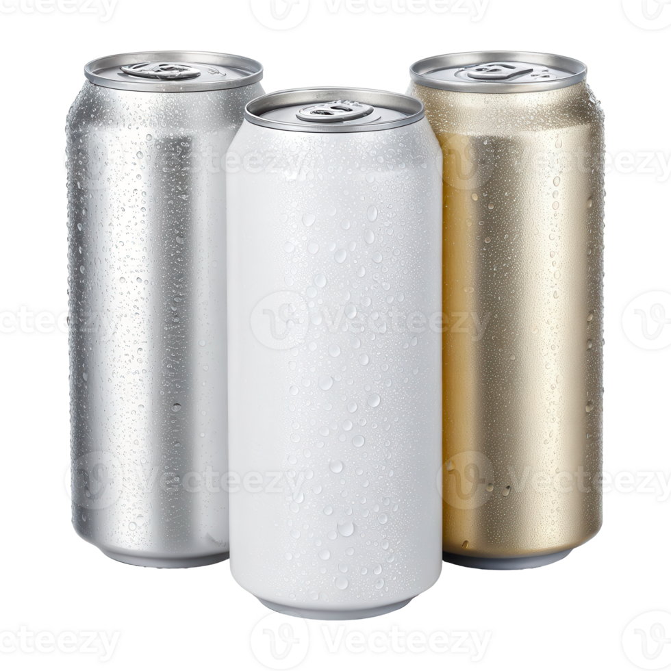 Three Crisp Cold and Refreshing Aluminum Drink Cans png