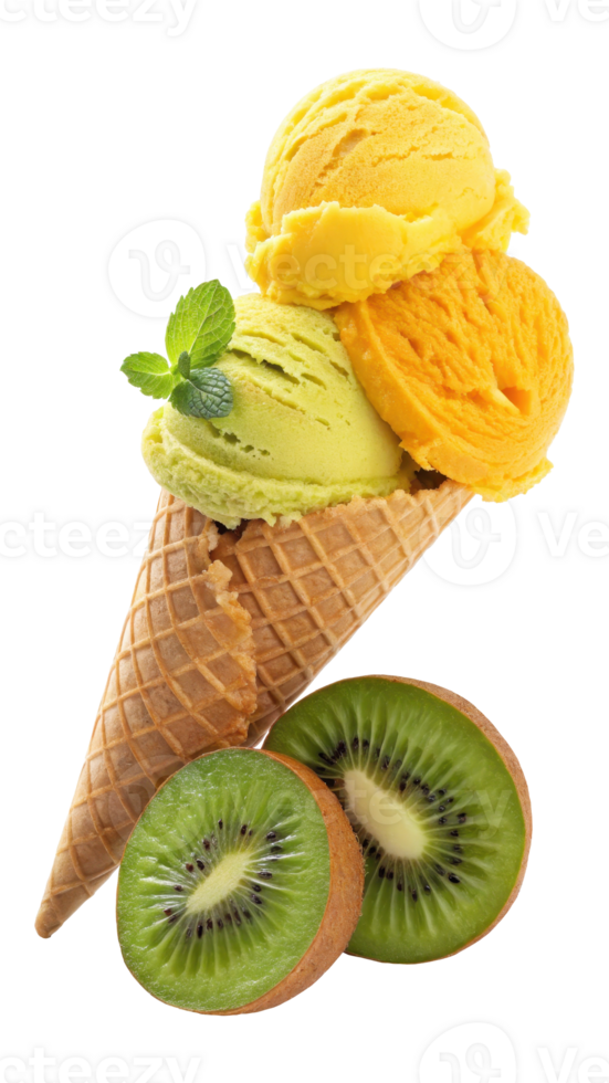 Stack of lemon and kiwi sorbets in a waffle cone png
