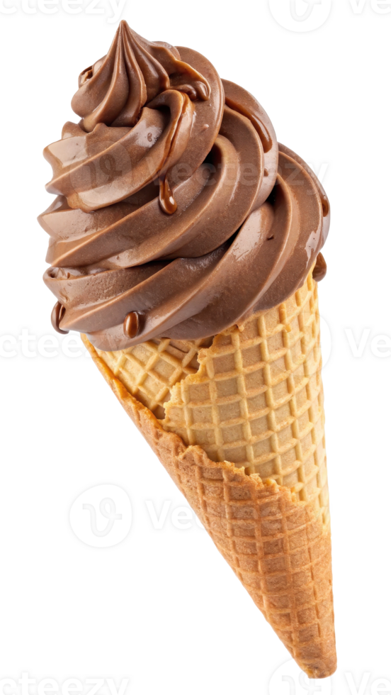 A soft serve of chocolate ice cream on a waffle cone png