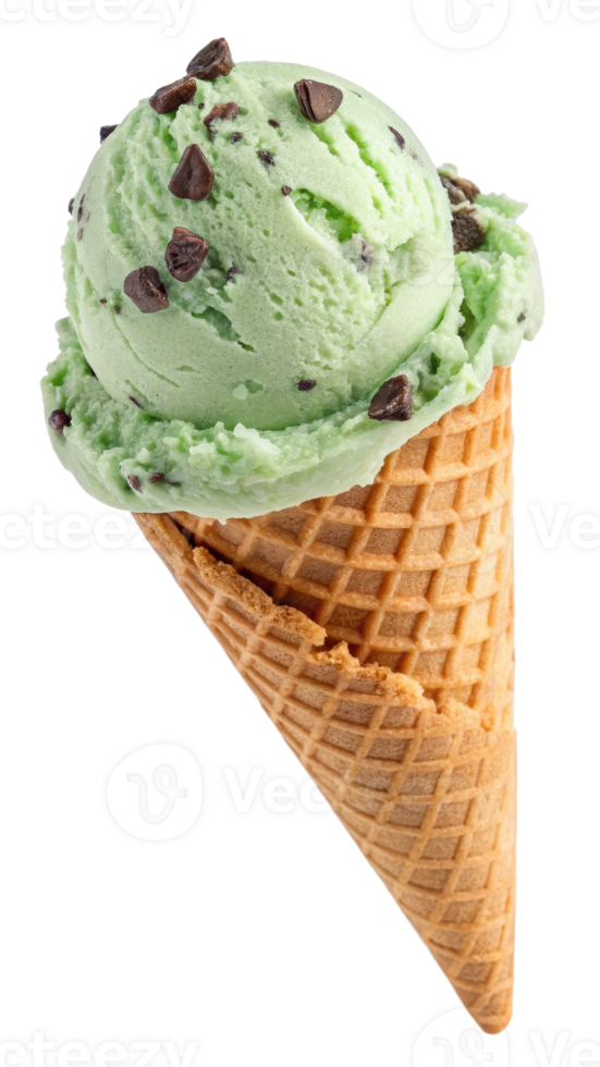 Mint chocolate chip ice cream scoop in a waffle cone png