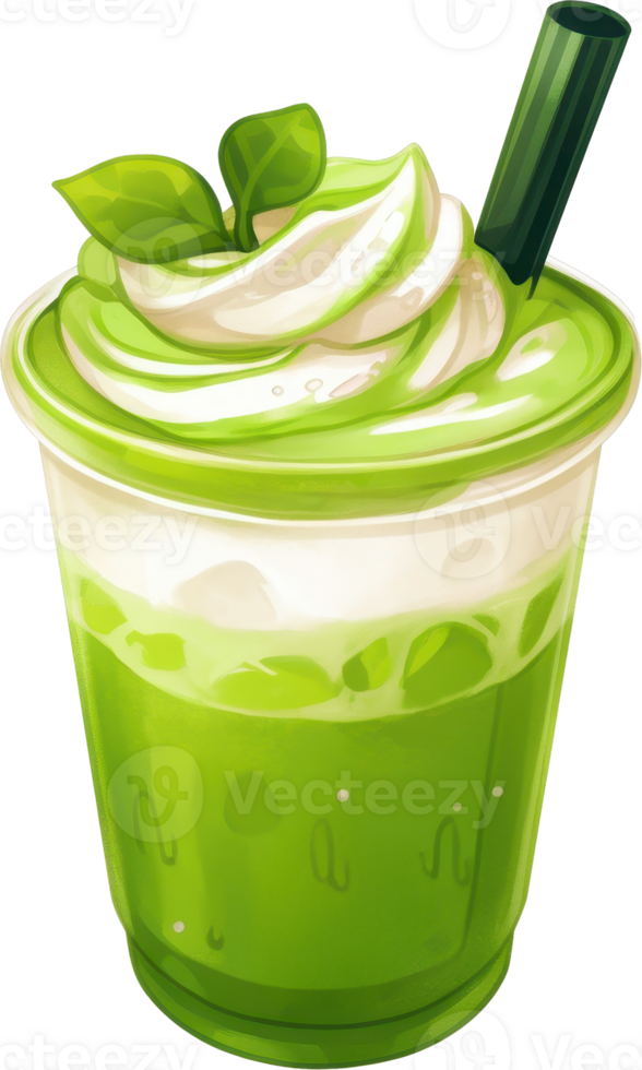 Delightful Matcha Whipped Cream Smoothie Drink in a Transparent Cup with Fresh Ingredients png