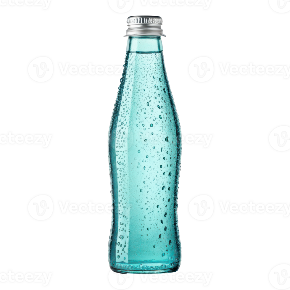 Sleek Aqua Glass Bottle with Bubbles and Droplets Refreshing Carbonated Beverage Healthy png