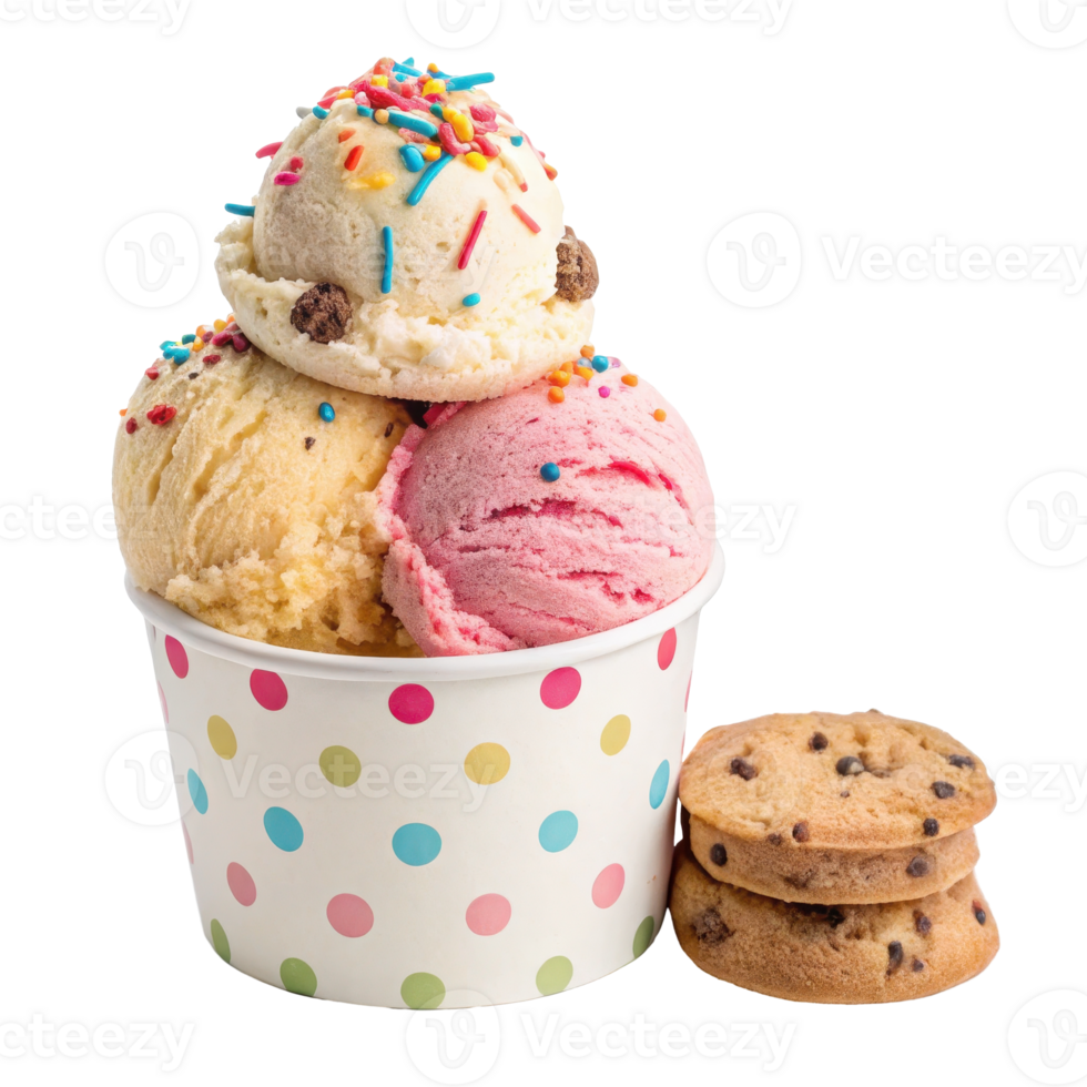 Colorful birthday cake inspired ice cream scoops with sprinkles and cookies png