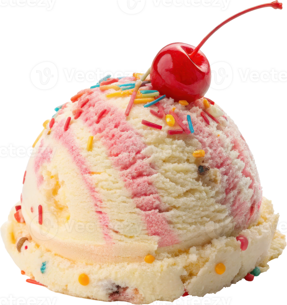 A Scoop of Vibrant Birthday Cake Ice Cream with Colorful Sprinkles and a Cherry on Top png