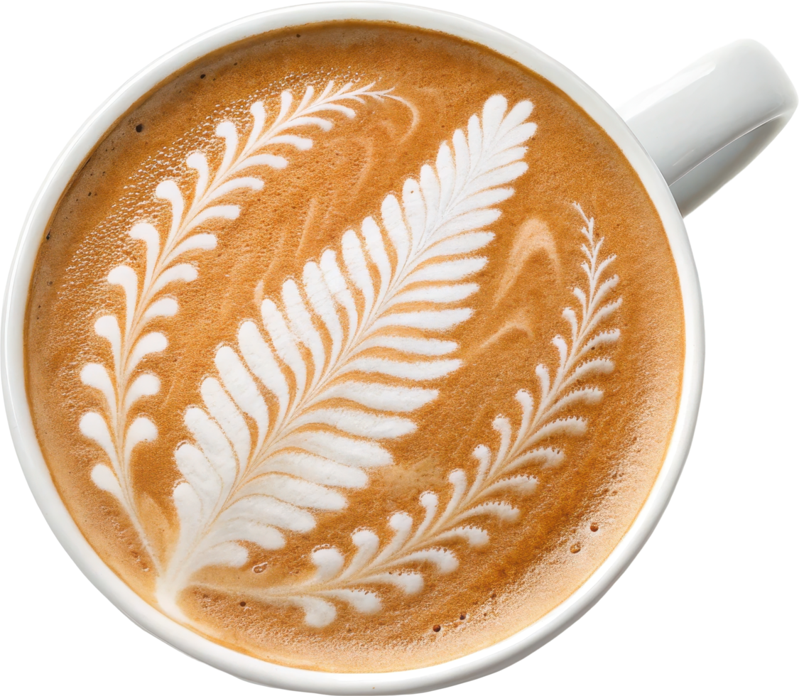 Beautifully Crafted Latte with Intricate Swirling Foam Art in a White Mug png