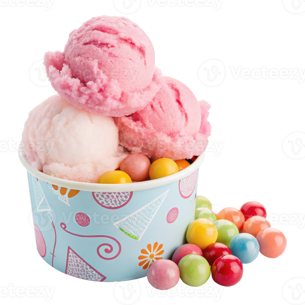 Colorful ice cream scoops in a vibrant bowl png