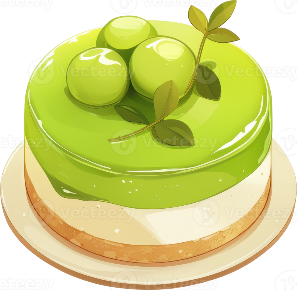 Elegant Layered Green Dessert Cake with Fresh Leaves on Decorative Plate png