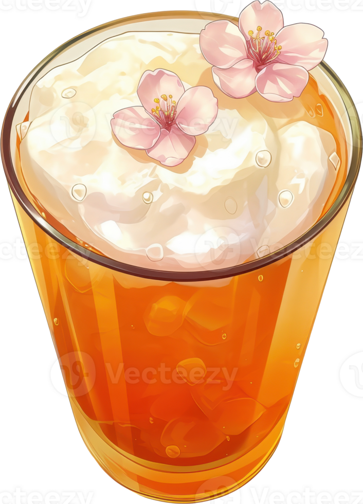 Delicate Pink Blossoms Floating in Refreshing Amber Beverage png