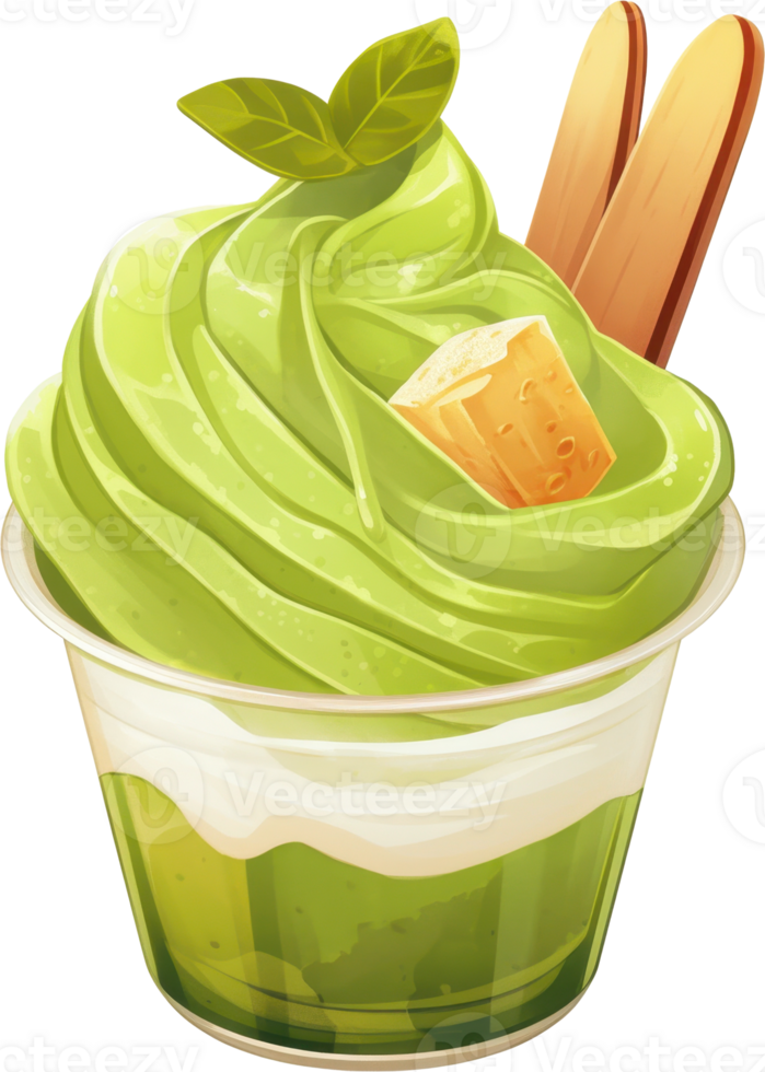 Colorful Cartoon Style Green Ice Cream Dessert Cup with Toppings and Swirls png