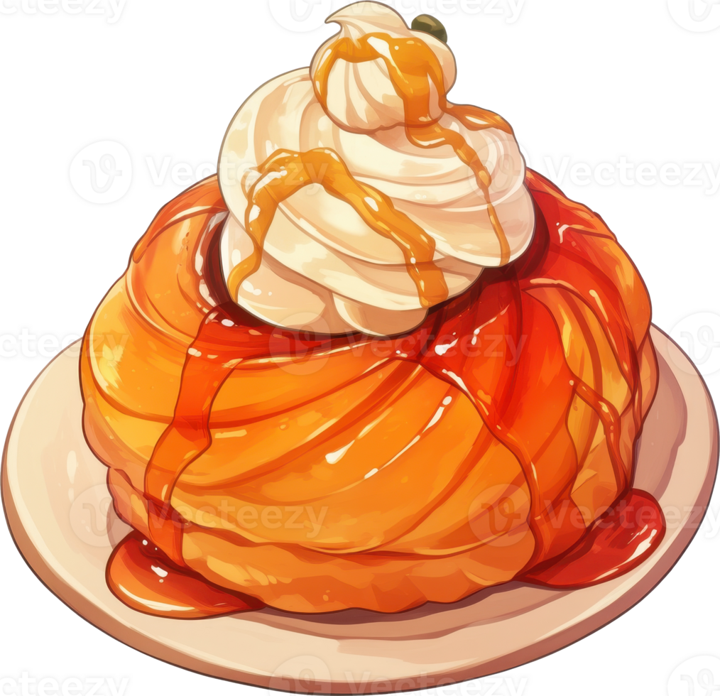 Spiral Patterned Dessert Dish with Creamy Topping and Caramel Drizzle png