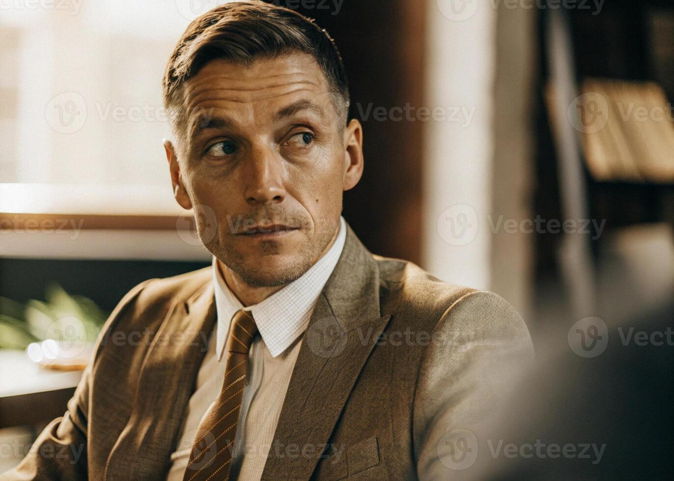 a man in a suit and tie sitting table photo