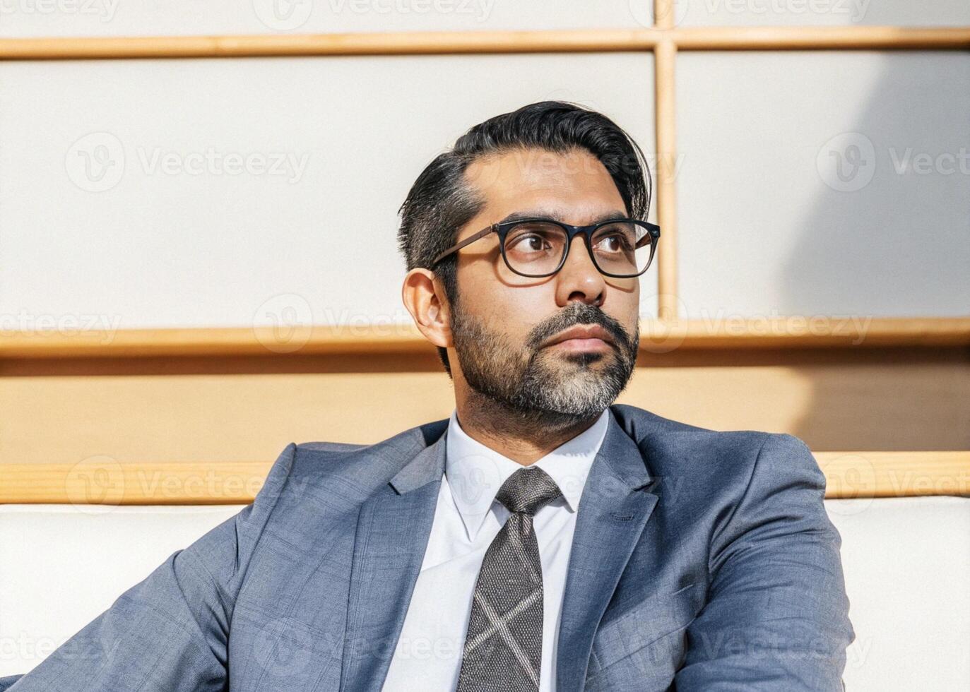 a man in a suit and tie sitting on couch photo