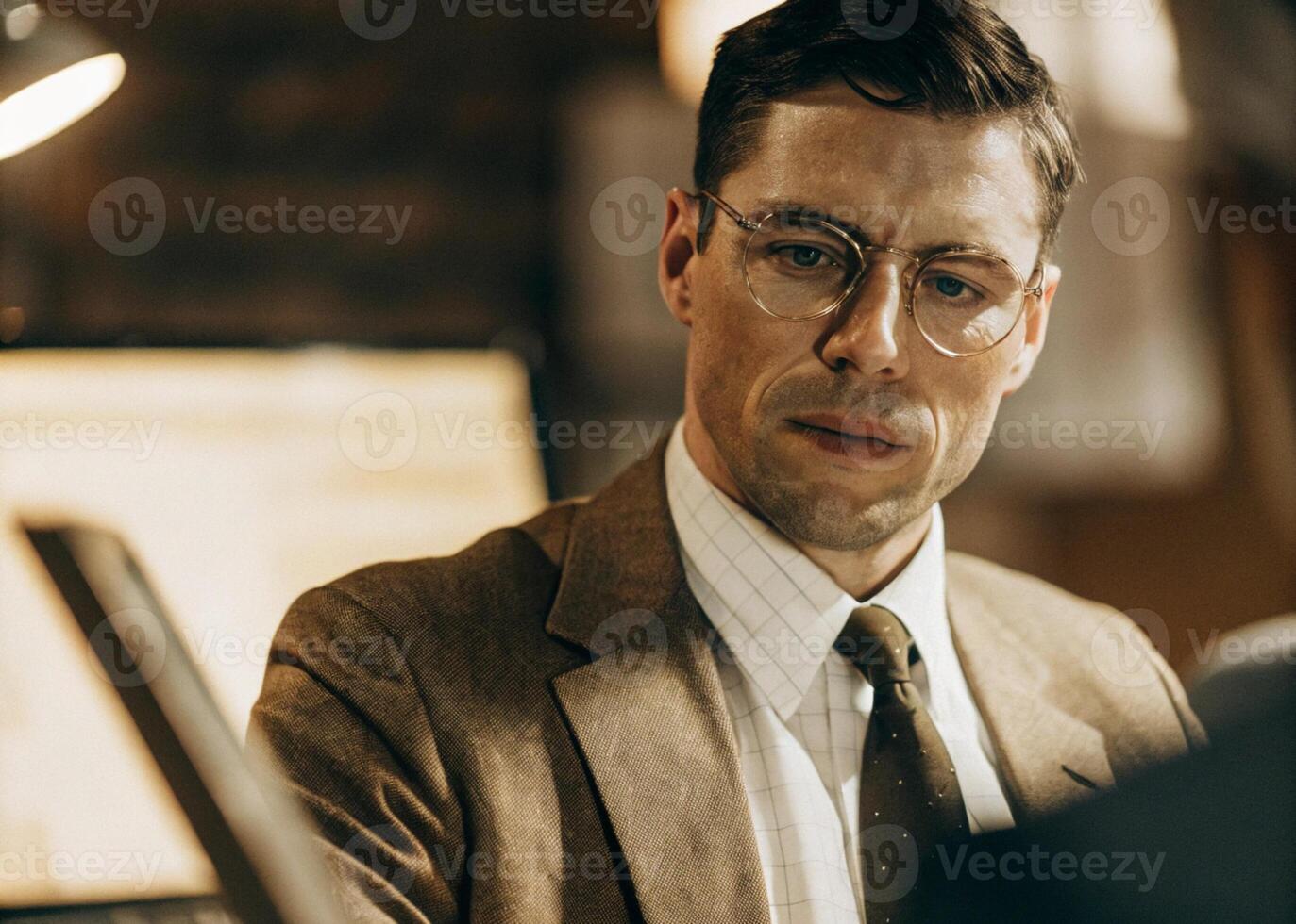a man in glasses and a suit is looking at something photo