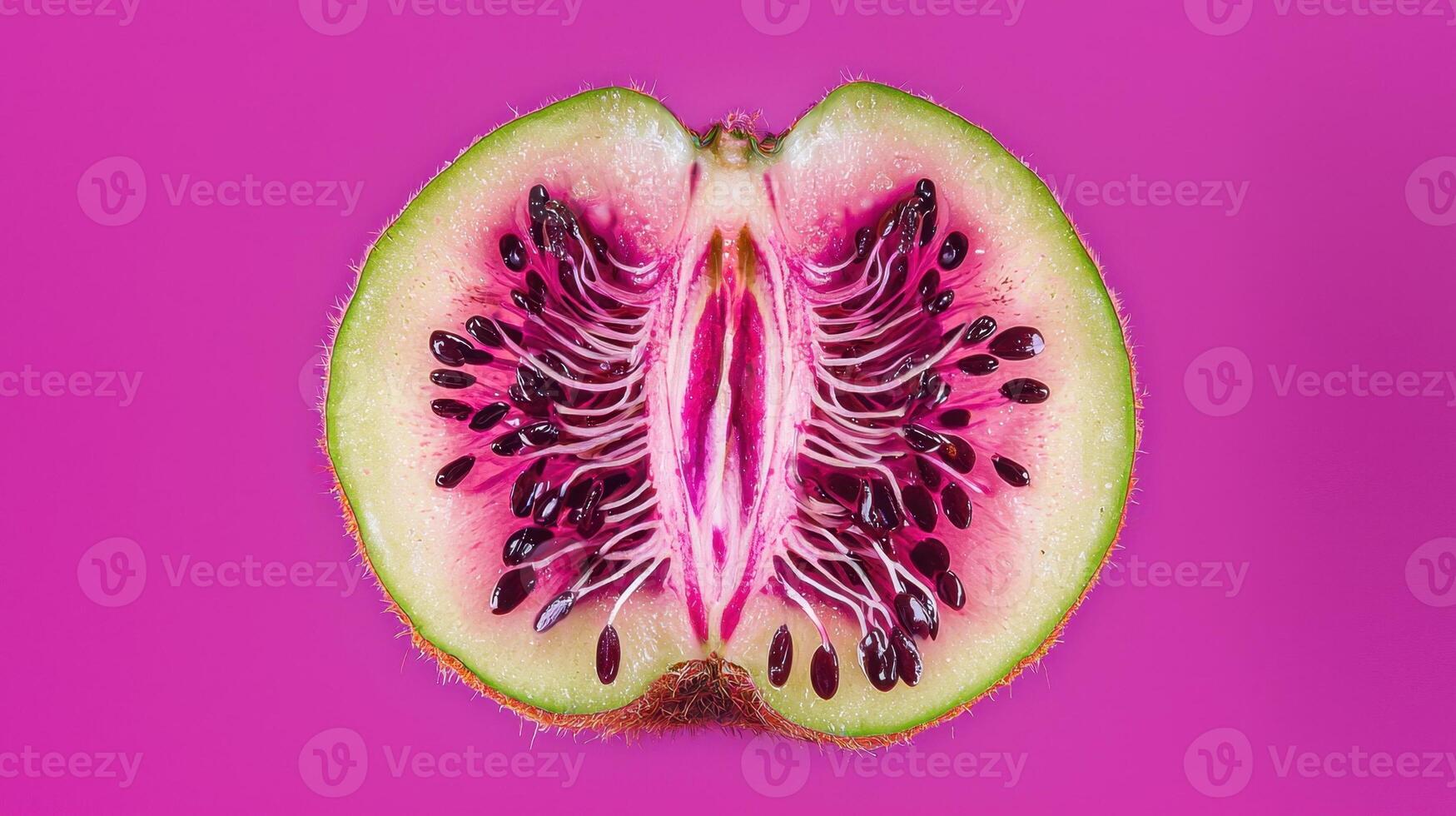 A vibrant fruit cut in half showcases its intricate internal structure. The bright pink background highlights its unique seed patterns and natural beauty, drawing attention to the details photo