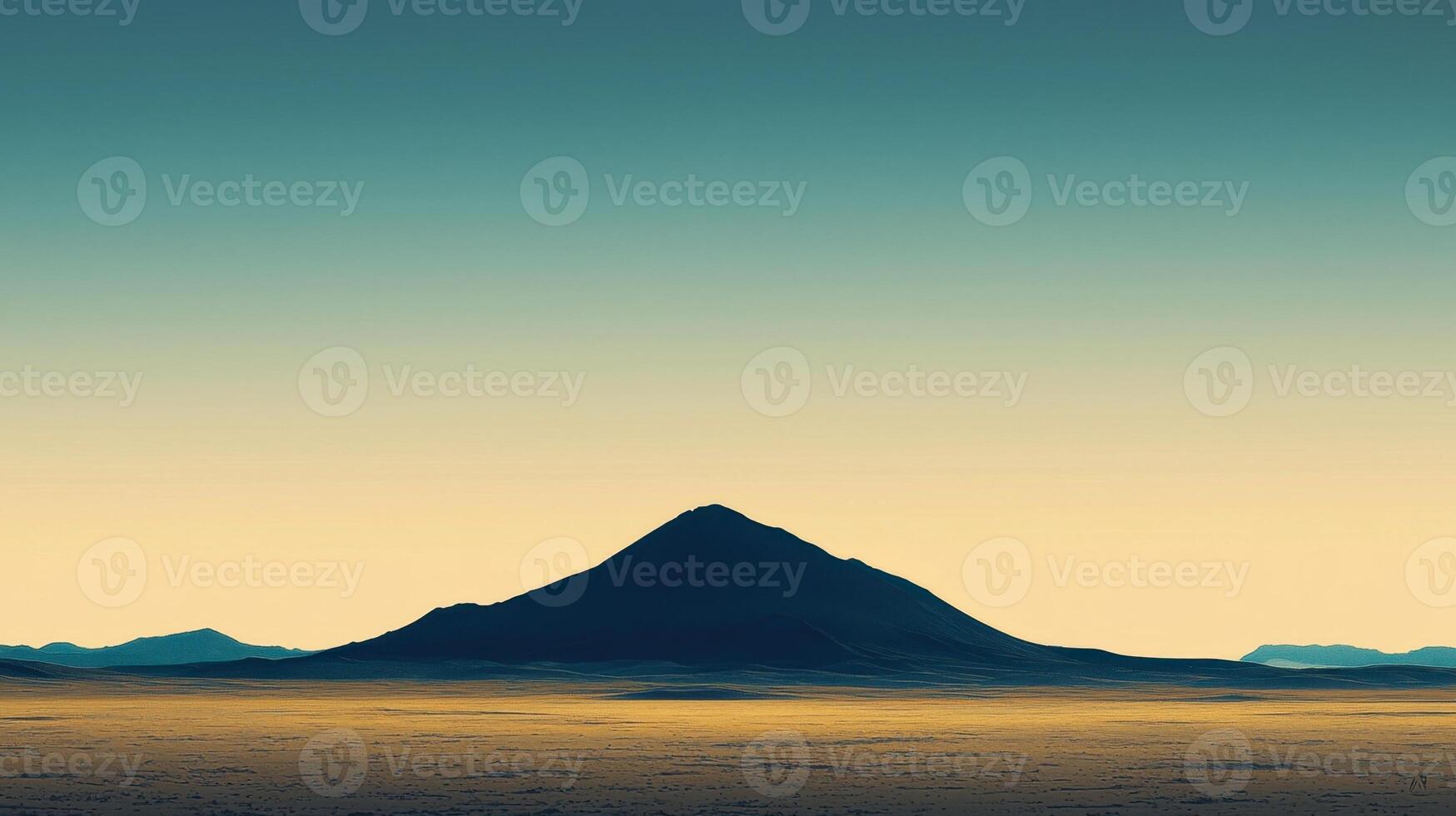 A silhouette of a mountain stands proudly at dusk, surrounded by an expansive landscape. The gradient sky transitions from deep blue to soft hues, creating a serene atmosphere photo