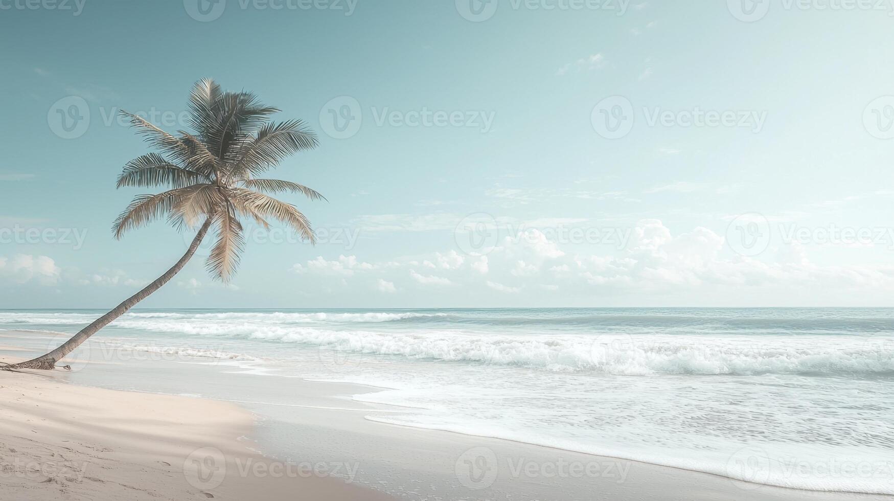 A single palm tree leans over sandy shores, overlooking calm ocean waves that softly lap against the beach. The sky is clear, creating a peaceful atmosphere photo