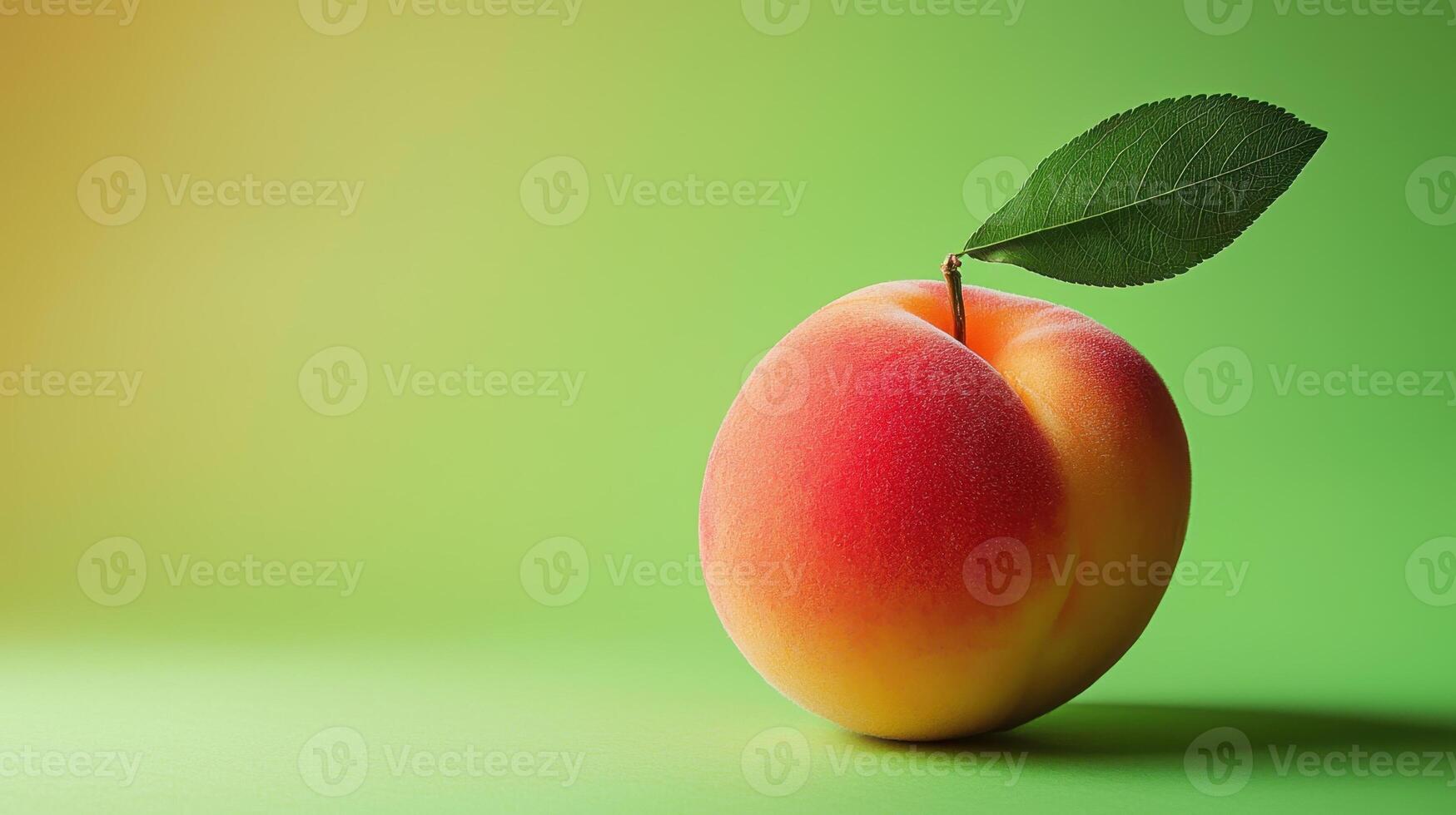 A ripe peach rests on a soft green surface, featuring vibrant hues of orange and pink. Its green leaf adds a touch of freshness, symbolizing summer and health photo
