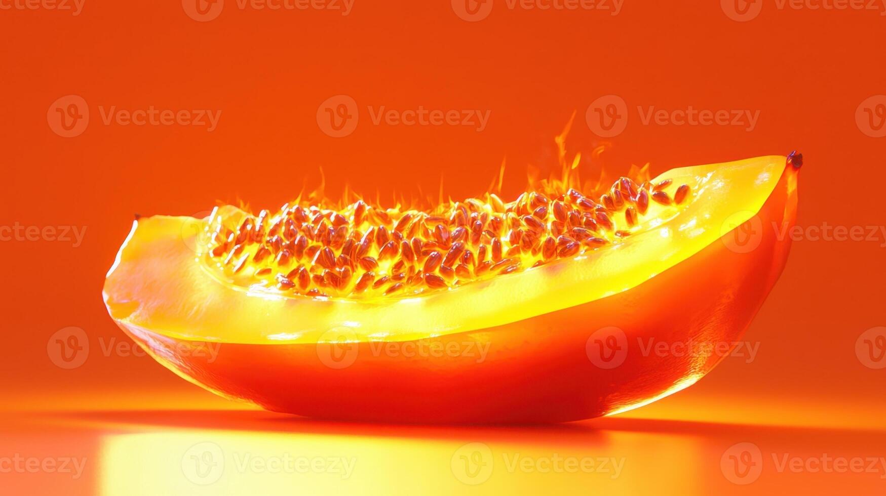 A beautifully lit papaya slice rests against a dramatic orange background, highlighting its natural colors and texture. The seeds add an interesting detail to this tropical fruit photo