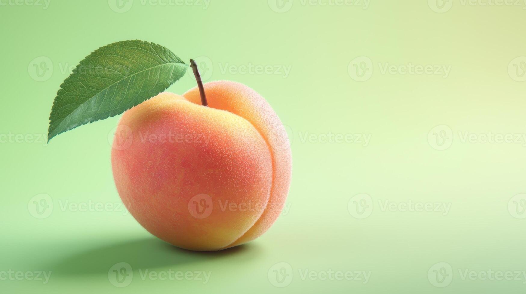 A ripe peach features a soft texture and a vibrant color, resting gently on a smooth surface. Its green leaf adds a touch of freshness, evoking a summer fruit vibe photo