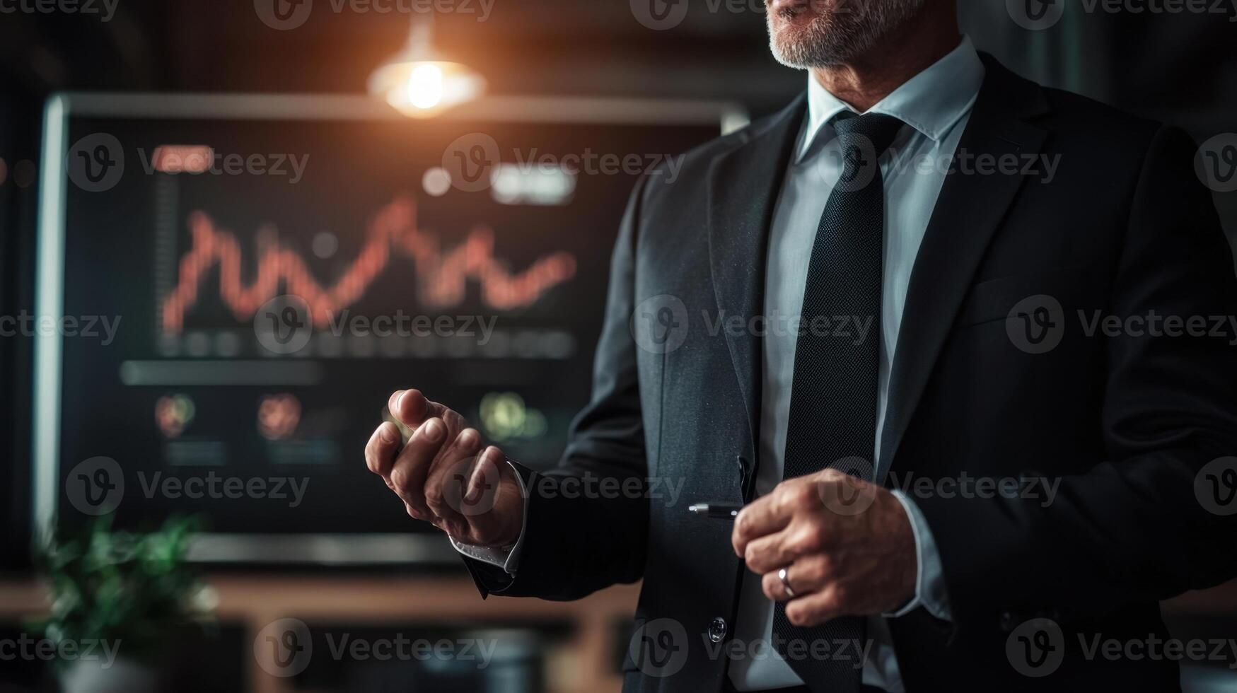 A business professional in a suit engages in a discussion while presenting financial graphs on a digital screen. The atmosphere is focused and indicative of a strategy meeting photo