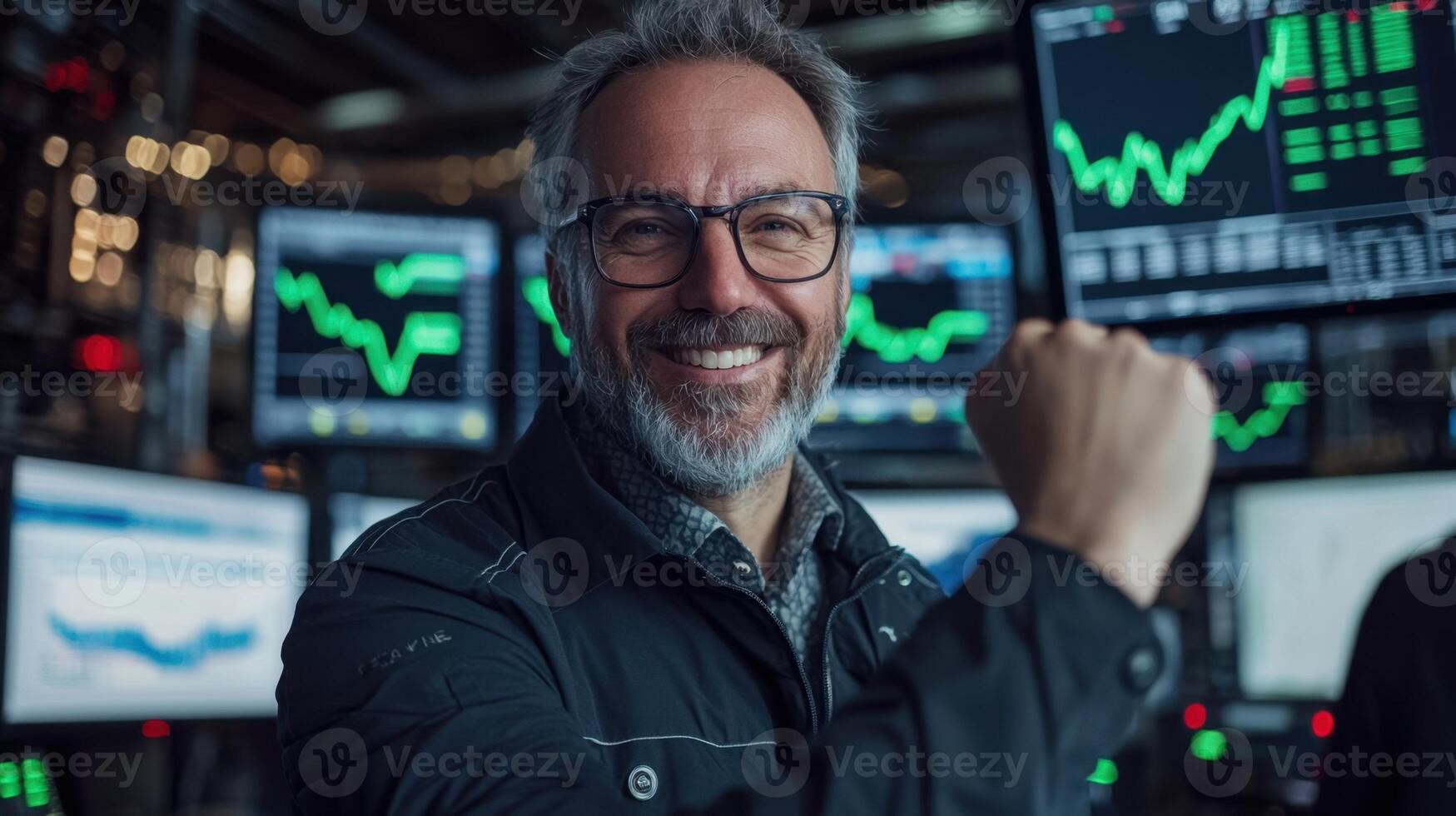 A trader smiles broadly while raising a fist in triumph, surrounded by multiple screens displaying financial data and green stock trends, indicating a successful trading session photo