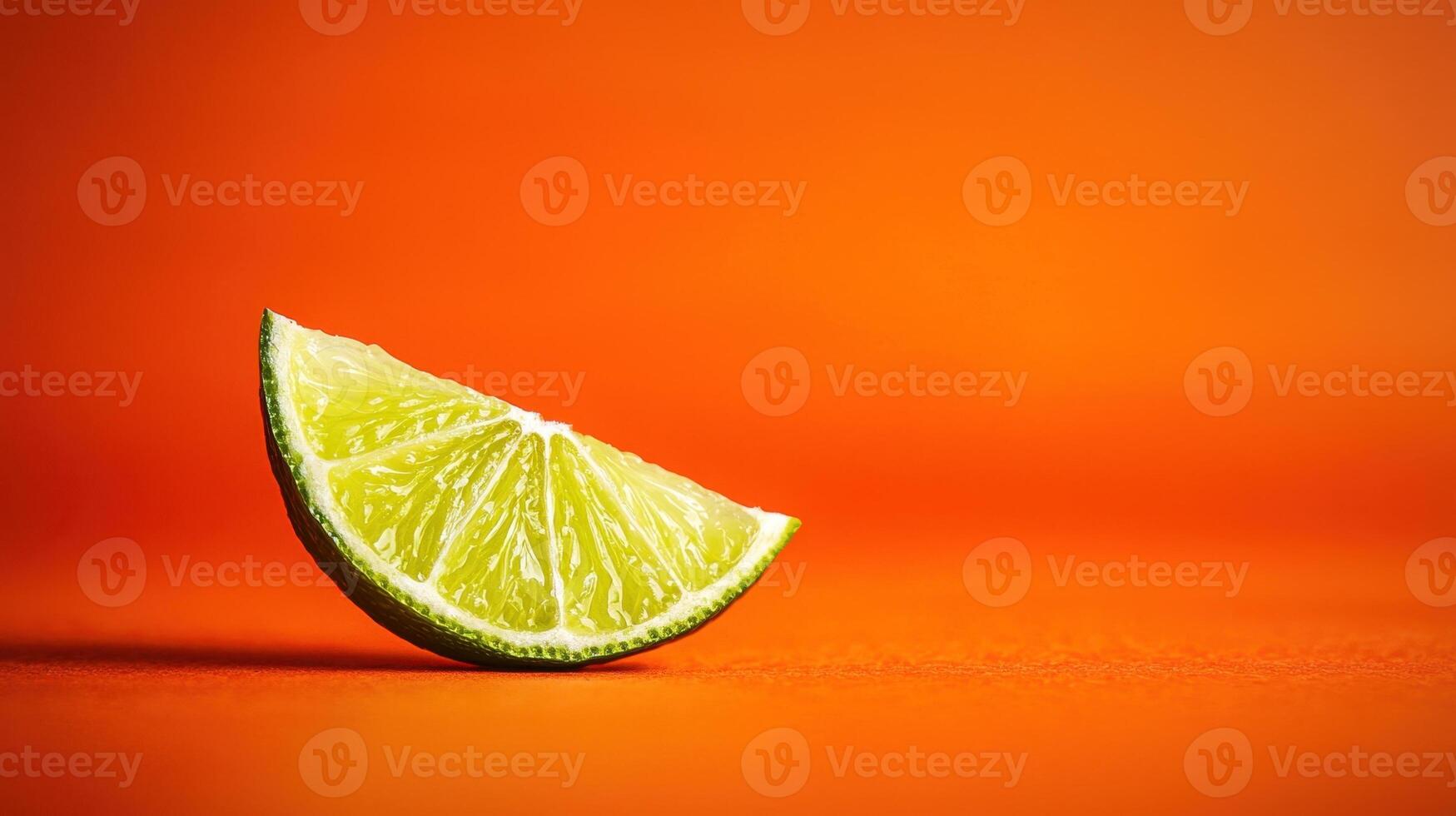 A bright green lime slice rests against a vivid orange background, highlighting the fruit's juicy texture and the striking color combination that enhances its freshness photo
