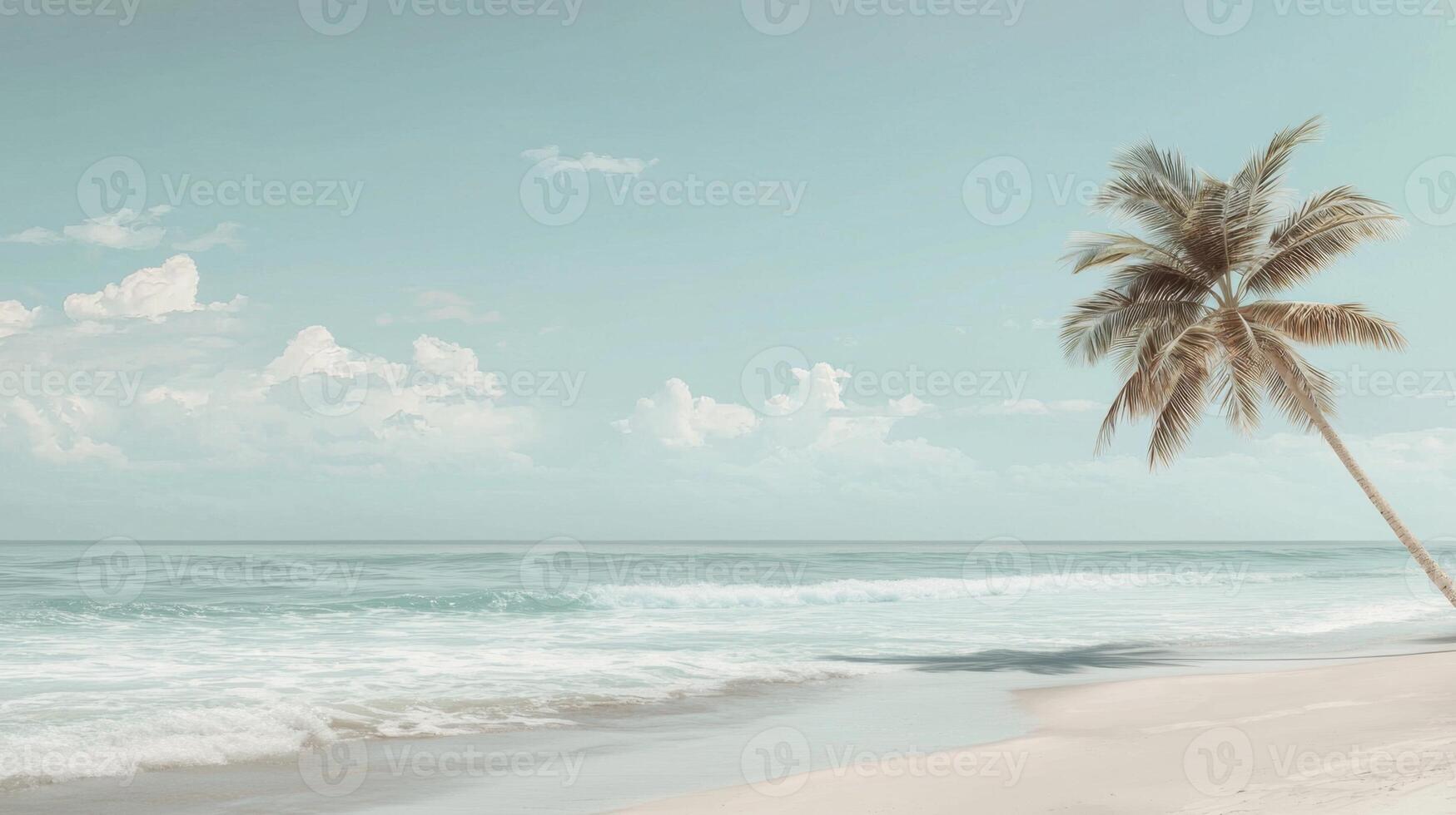 A tranquil tropical beach features gentle waves lapping against the shore, a leaning palm tree stands tall, while fluffy clouds float in a pale blue sky, creating a peaceful atmosphere photo