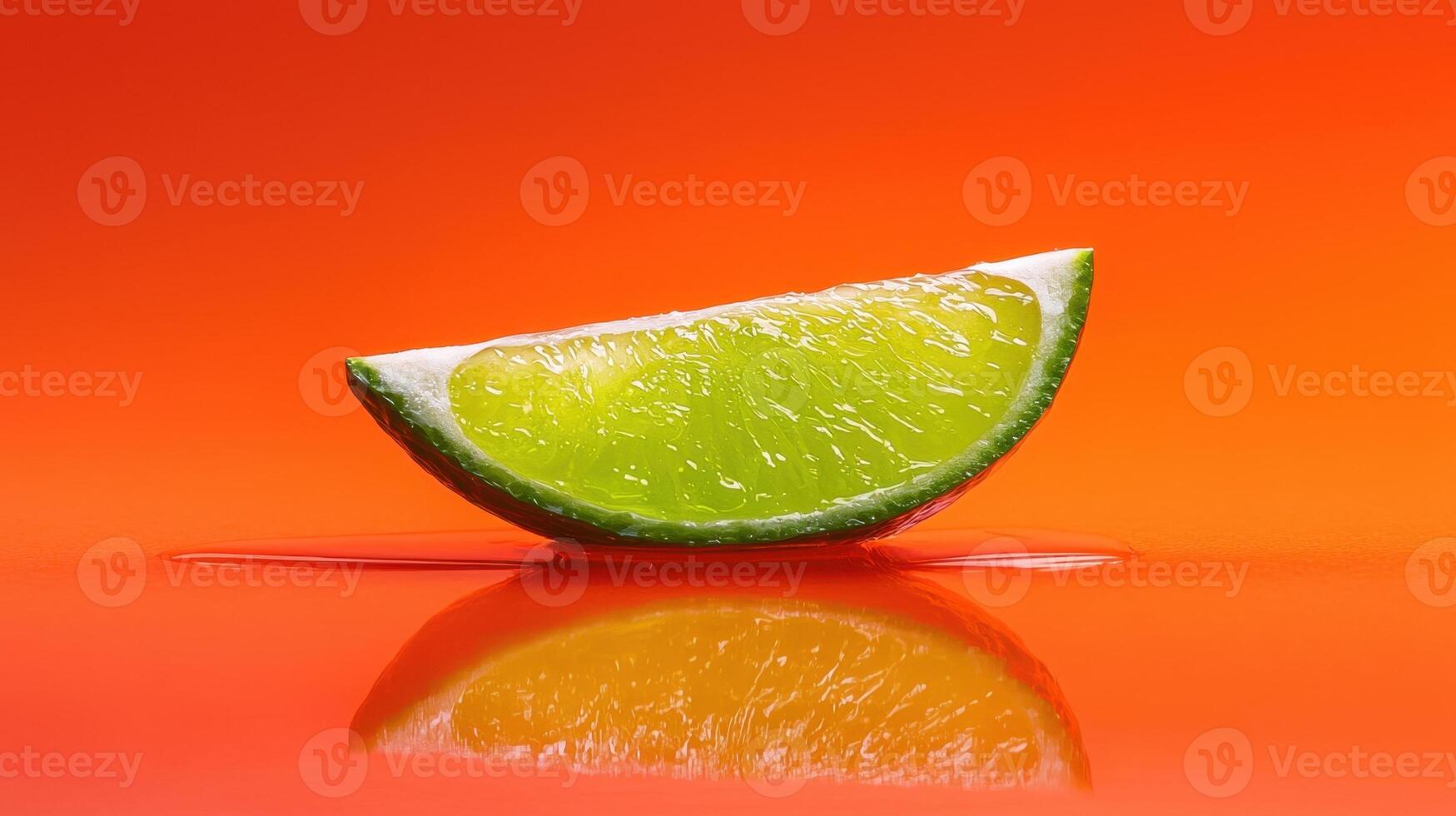 A vibrant lime slice sits on a smooth orange surface, showcasing its glossy skin and juicy interior. The lighting highlights the freshness of the fruit, creating an engaging visual photo