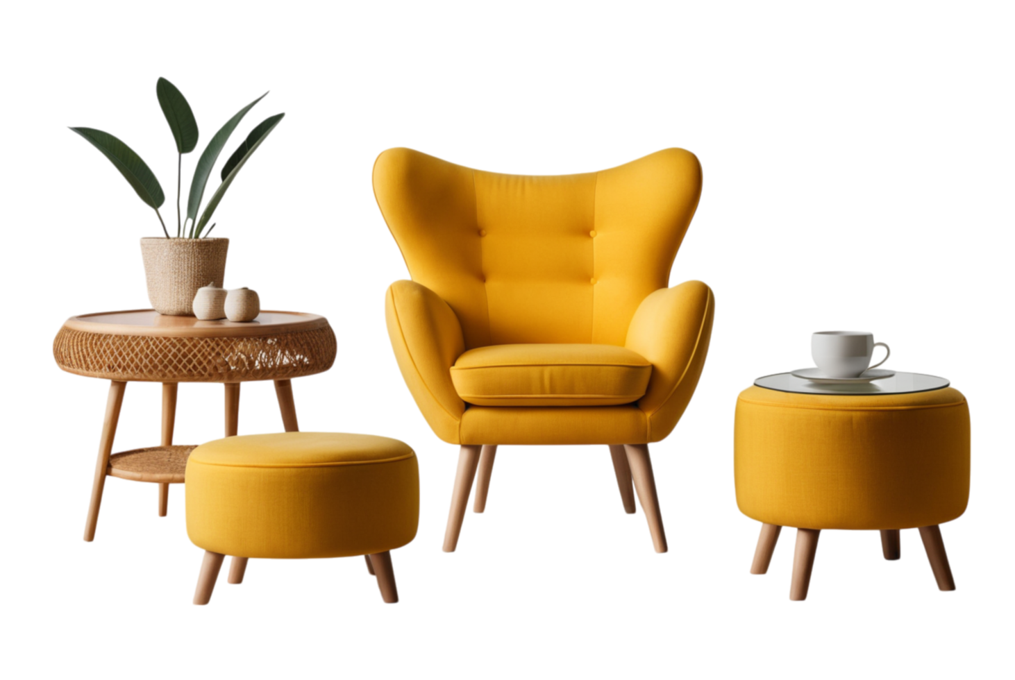 Yellow armchair with stool and table. set of decor items furniture isolated on transparent png