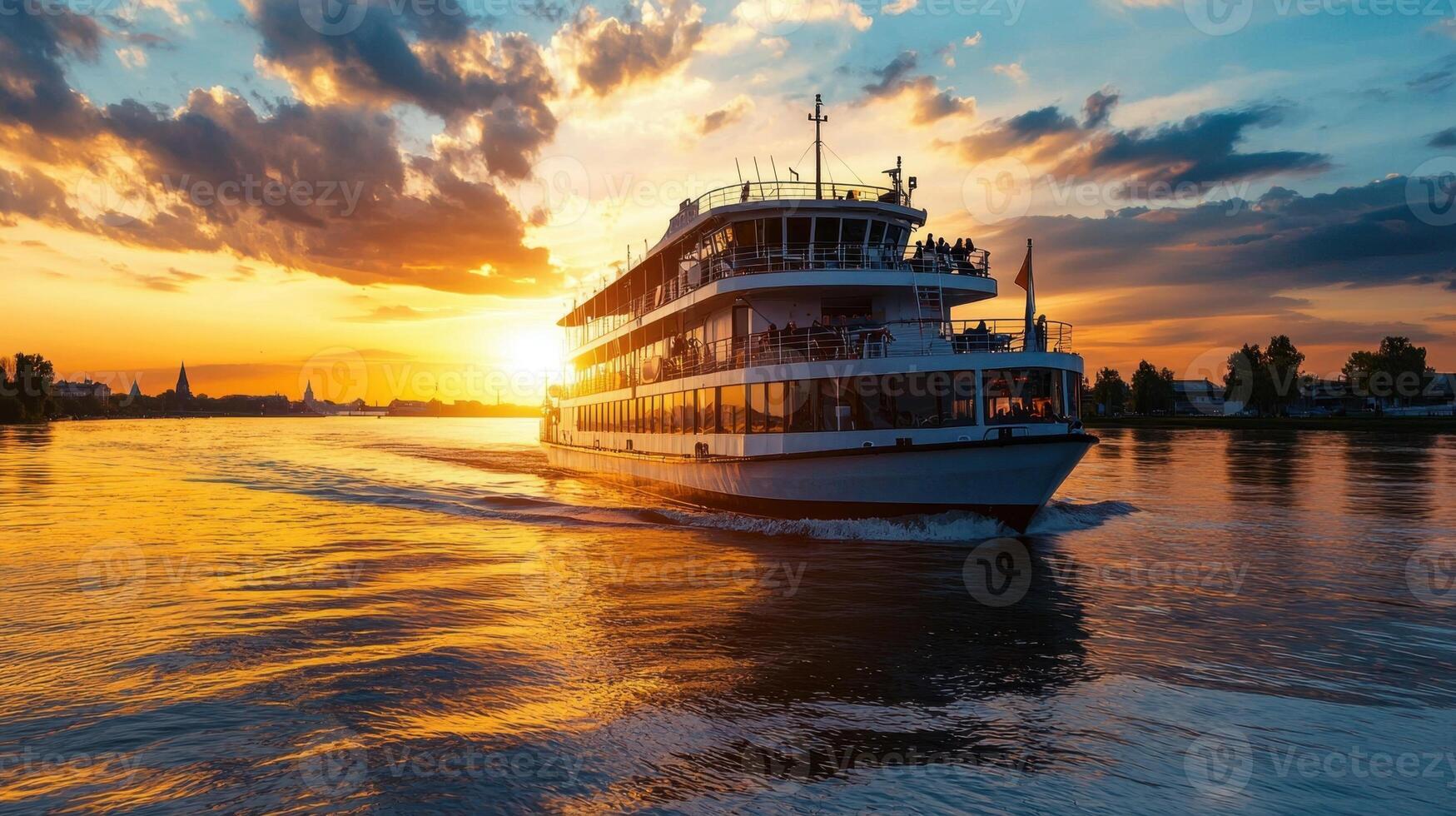 A cruise boat moves gracefully across the water at sunset, surrounded by a picturesque sky filled with colorful clouds and serene reflections on the surface photo
