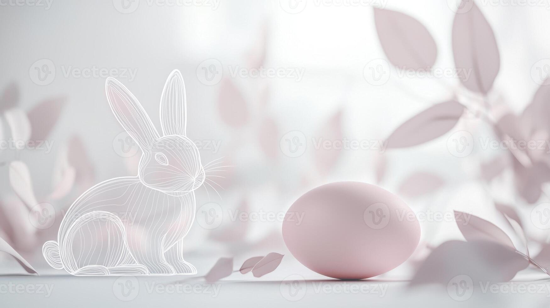 A tranquil indoor setting displays a translucent rabbit next to a soft pink egg surrounded by subtle foliage, conveying a sense of calm and sweetness, perfect for spring celebrations photo