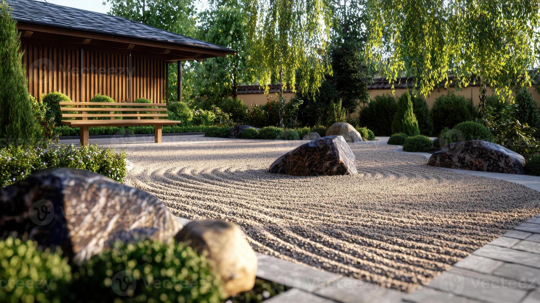 A serene Zen garden features meticulously raked gravel, large smooth rocks, and vibrant greenery, creating a peaceful atmosphere perfect for relaxation during daytime photo