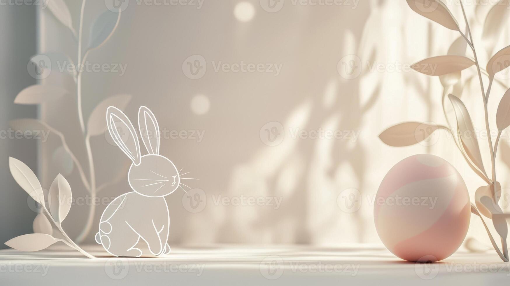 A cute bunny illustration sits next to a pastel-colored egg, surrounded by soft foliage. The gentle light creates a tranquil spring atmosphere perfect for seasonal decor photo