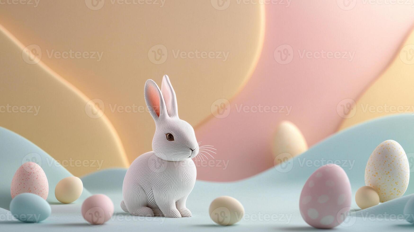 A charming white rabbit sits amidst an array of pastel-colored Easter eggs on a smooth, colorful background. The whimsical scene captures the essence of spring festivities photo
